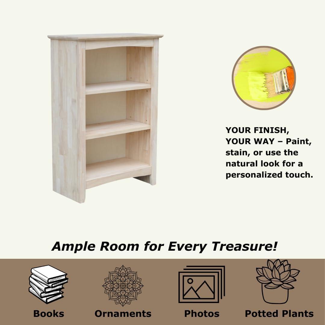 36"x24" Shaker Bookcase Unfinished - International Concepts: Rubberwood Material, 3 Fixed Shelves, Enclosed Back