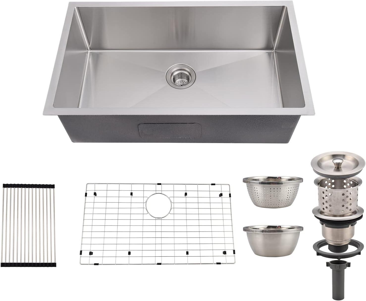 Hupicker 30 Inch Kitchen Sink for Single Bowl,Undermount Kitchen Sink Stainless Steel Sink 16 Gauge Kitchen Sinks with Accessories, Easy Drain and Low Noise 30"*18"*10"