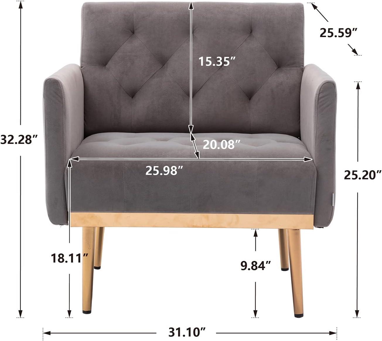 Velvet Accent Chair, Modern Wide Seat Single Sofa Armchair with Gold Metal Legs, Upholstered Button Tufted Reading Chair Club Chair for Living Room Bedroom Apartment, Gray