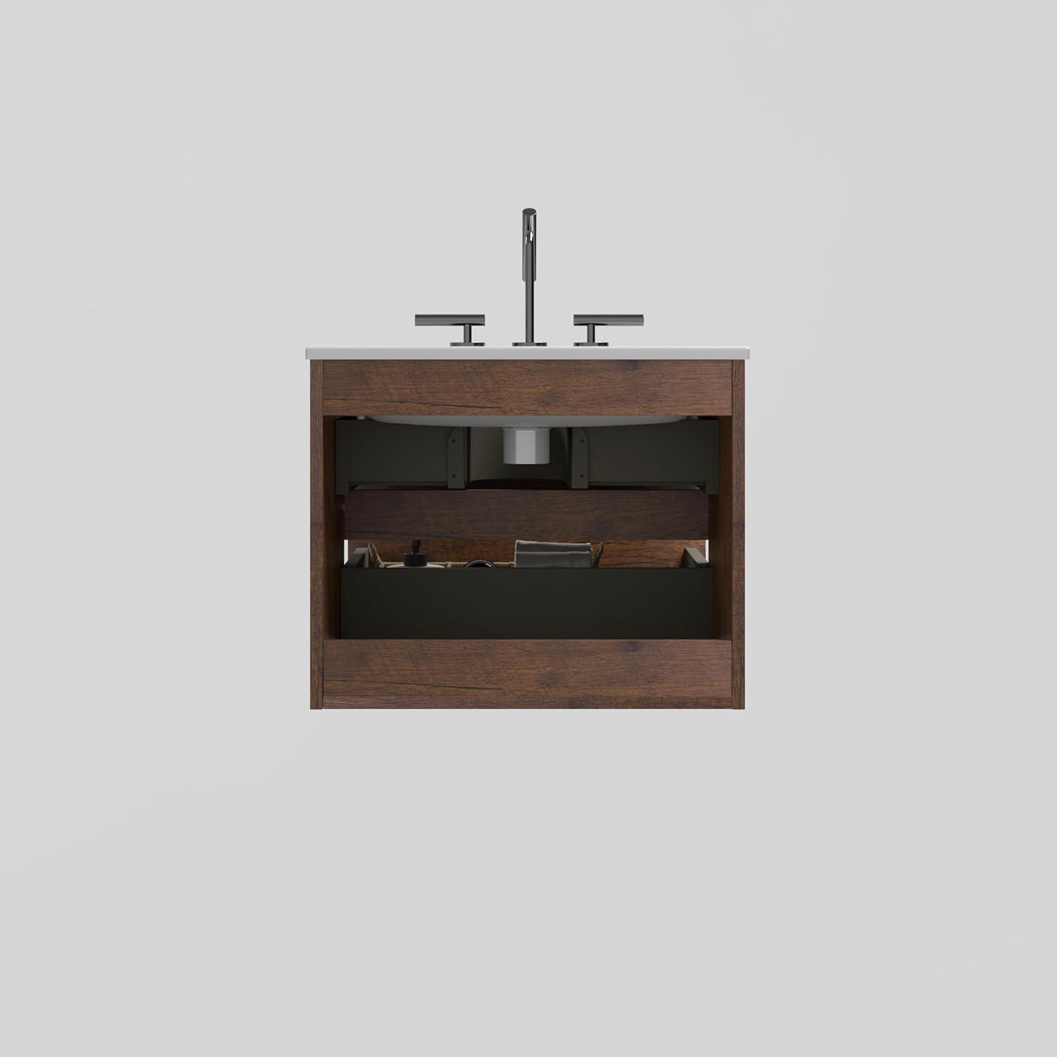 Little Tulip 24" Floating Modern Bathroom Vanity with 3-Hole Ceramic Sink in Walnut