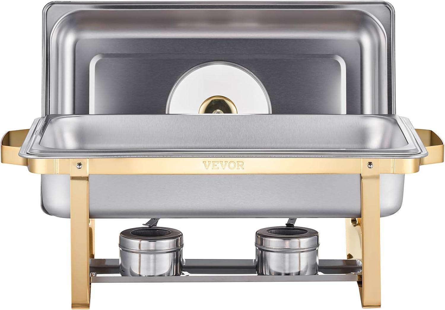 VEVOR Chafing Dish Buffet Set, 8 Qt 4 Pack, Stainless Steel Chafer with 4 Full Size Pans, Rectangle Catering Warmer Server with Glass Lid Water Pan Folding Stand Fuel Holder, for Wedding Party Banquet