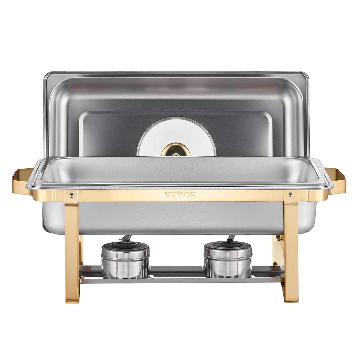 VEVOR Chafing Dish Buffet Set, 8 Qt 4 Pack, Stainless Steel Chafer with 4 Full Size Pans, Rectangle Catering Warmer Server with Glass Lid Water Pan Folding Stand Fuel Holder, for Wedding Party Banquet
