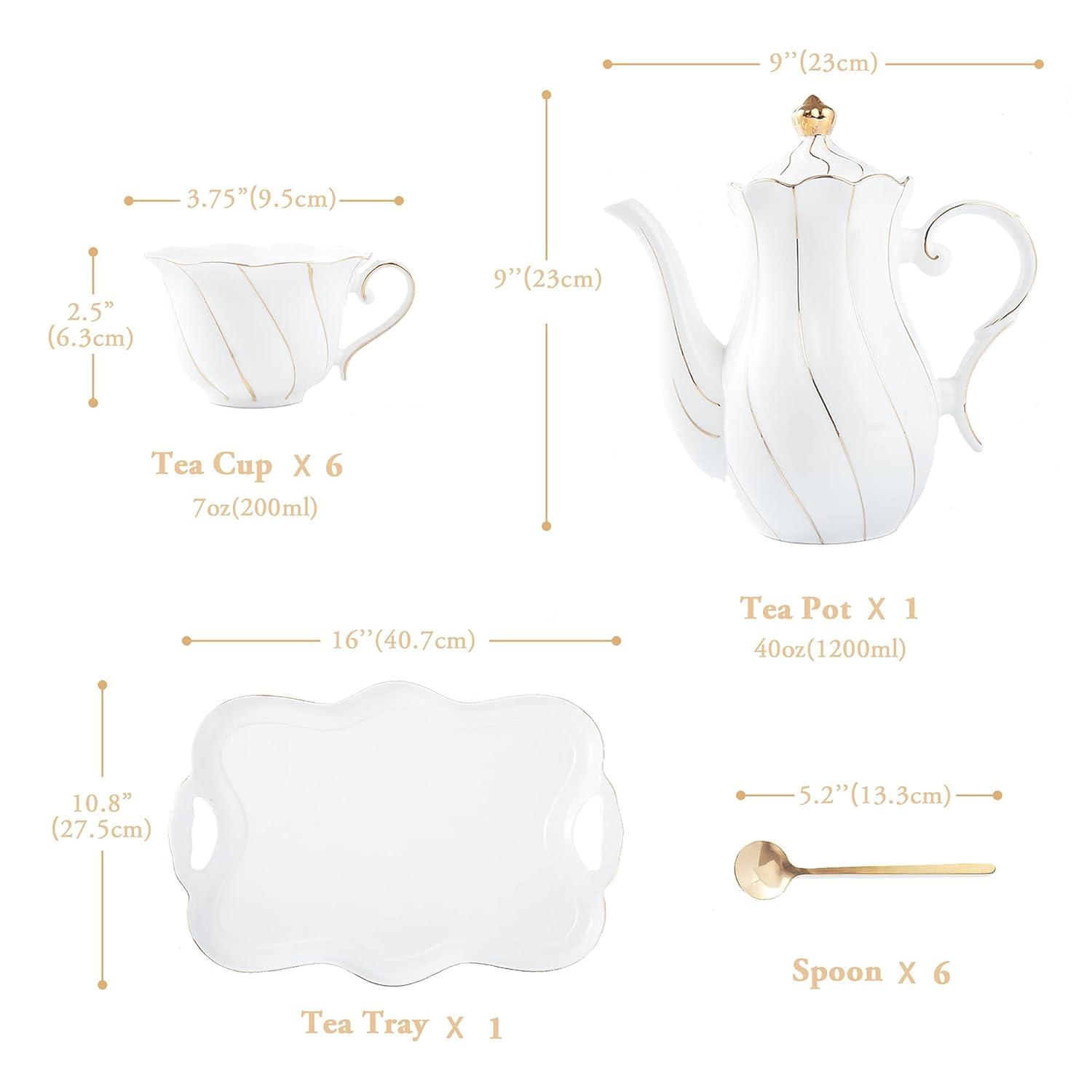 Red Barrel Studio® 14 Pcs Tea Set For 6 With Tea Tray & Spoons, Luxury British Style Tea/Coffee Cup Set With Golden Trim, Beautiful Porcelain Tea Set For Living Room Decor, Tea Party Set, Gift Package - White
