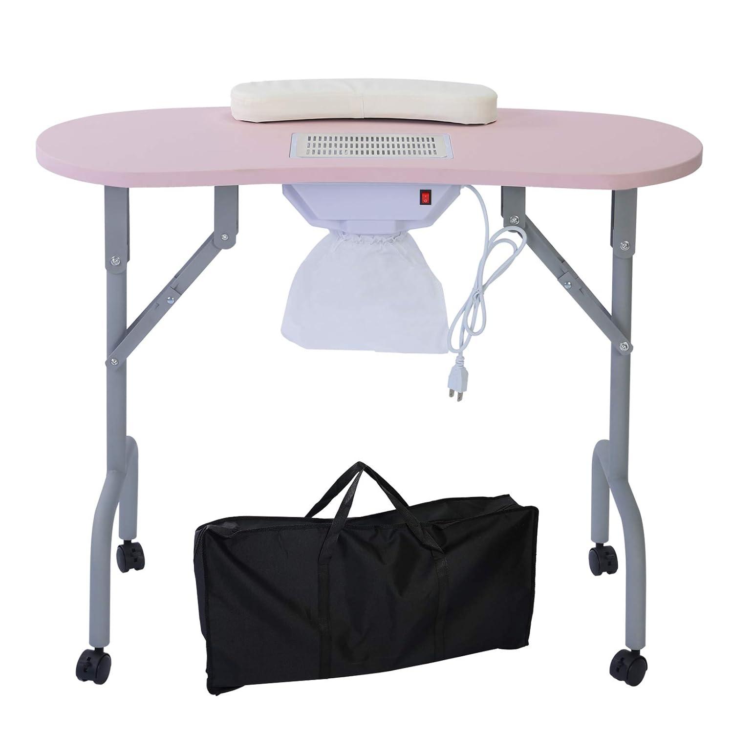 Portable Manicure Table Foldable Nail Desk with Dust Collector Professional Nail Tech Table for Technician Spa Salon Workstation, Client Wrist Pad Carry Bag 4 Lockable Wheels, 36-inch, Pink