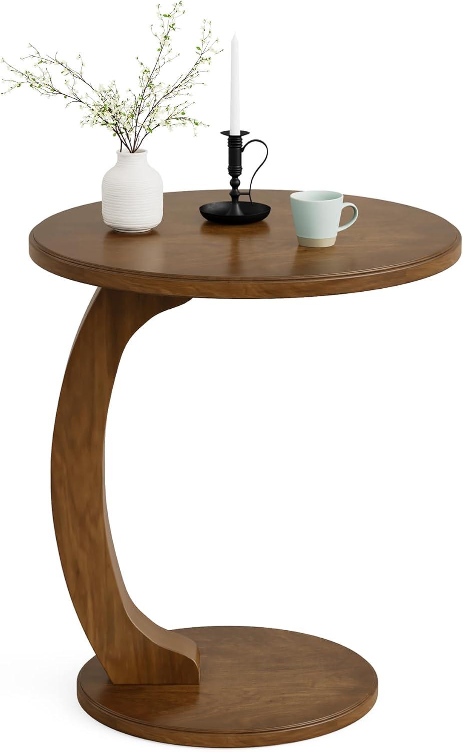 Hommoo C-Shaped End Table, Round Solid Wood Side Table for Living Room Brown