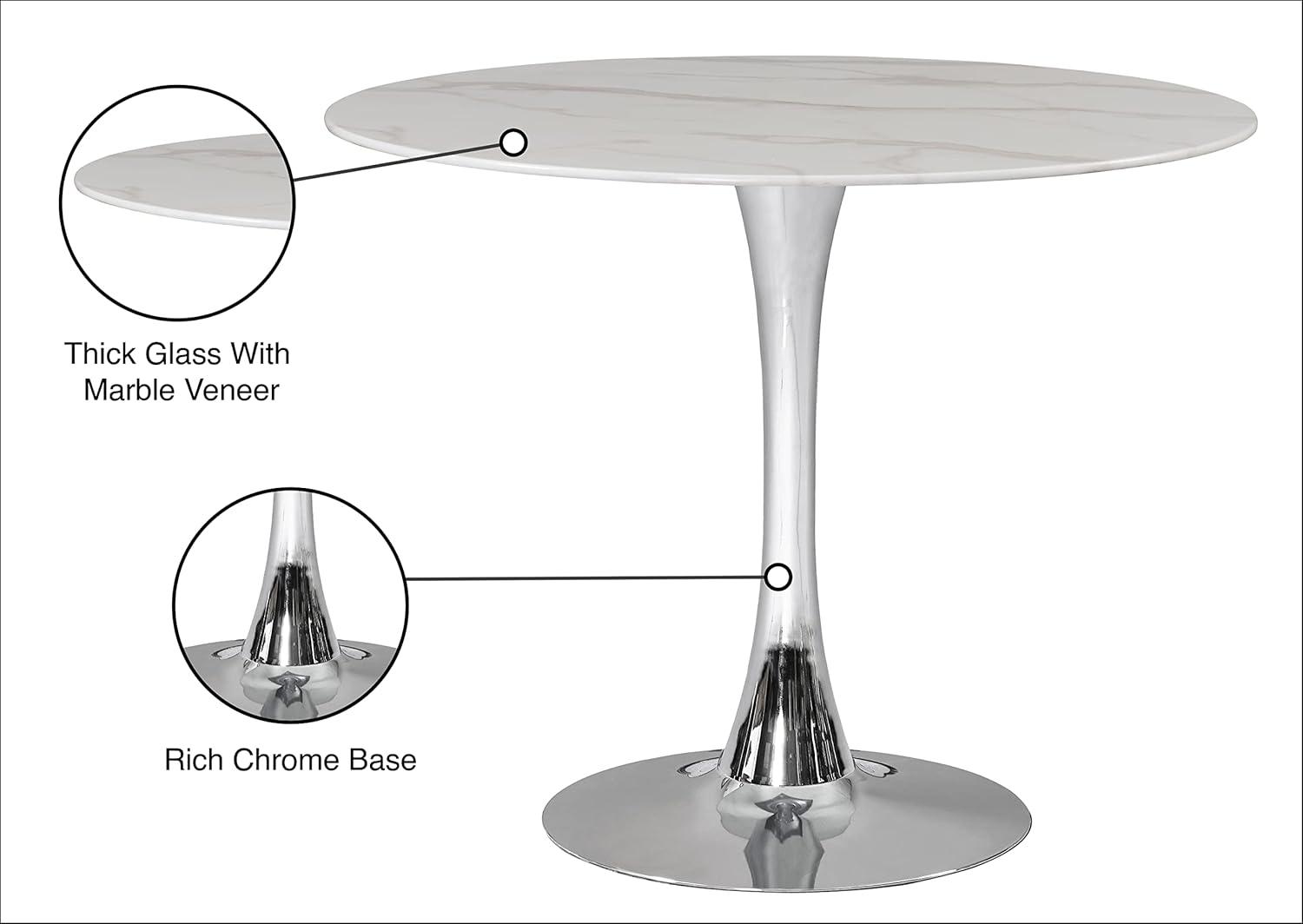 36" Round White Faux Marble Dining Table with Chrome Pedestal Base