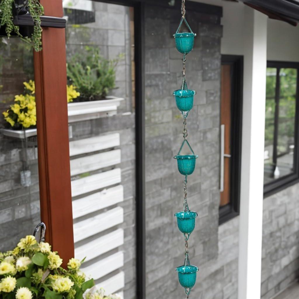 72" Blue Flower Cup Metal Rain Chain