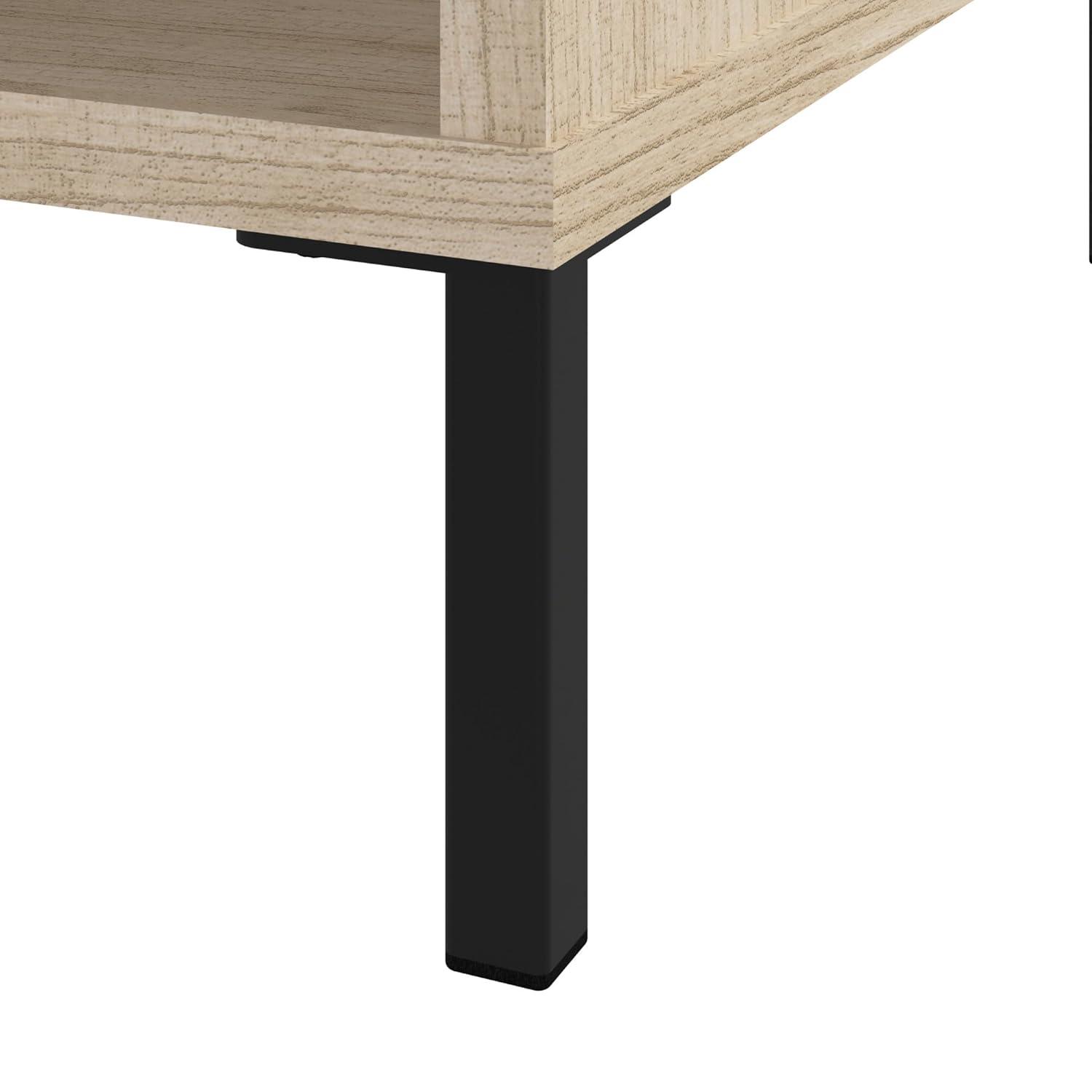 Natural Elm Small End Table with Drawer and Black Metal Legs