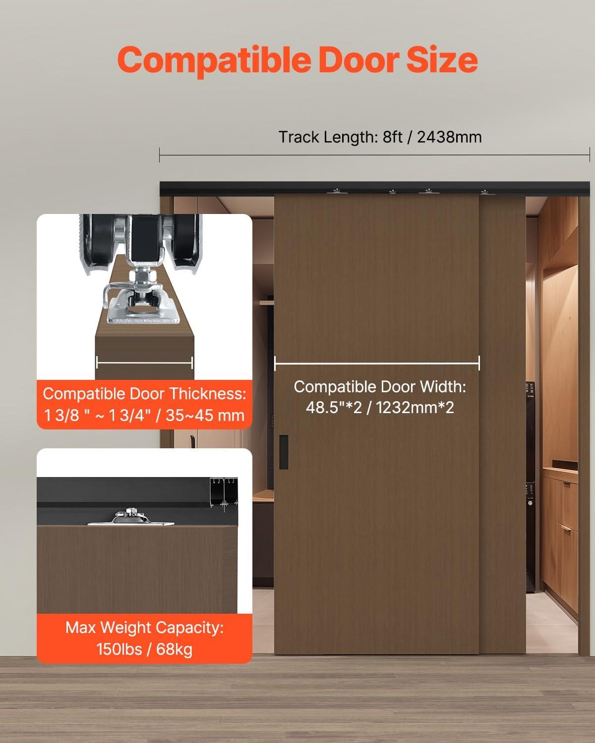 VEVOR 8ft Bypass Sliding Door Hardware Kit – Black Closet Door Track for 2-Door System