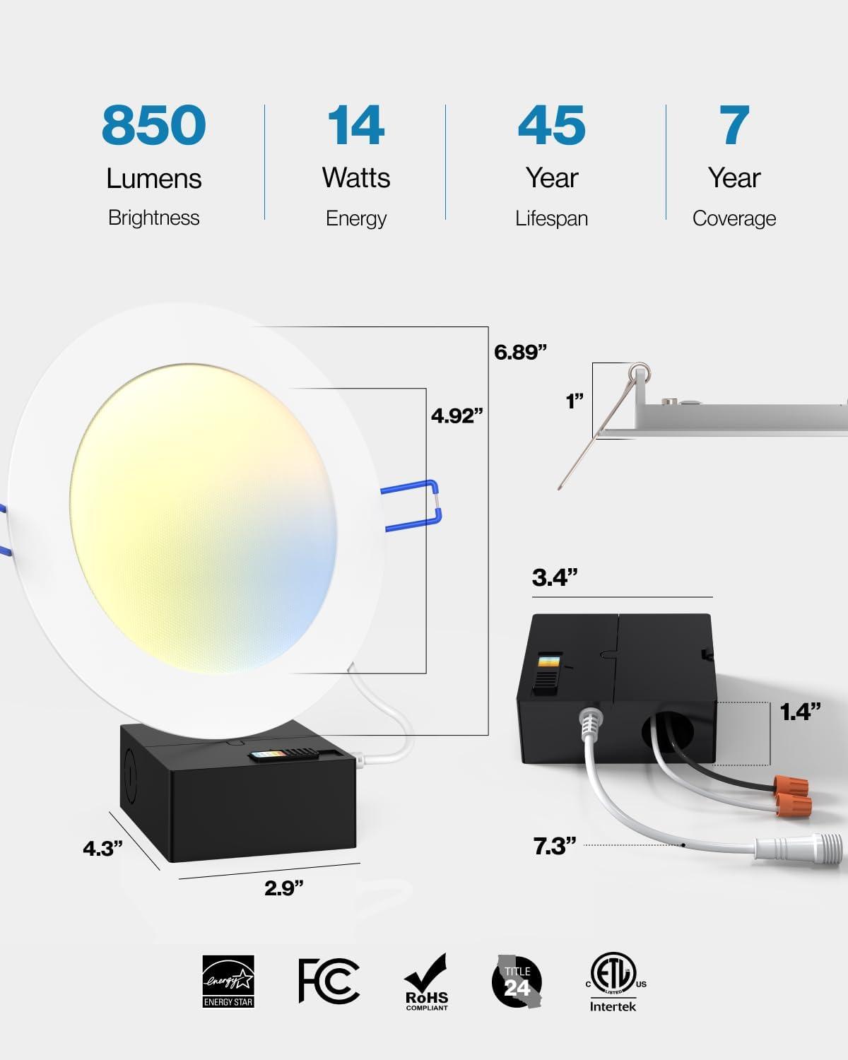 Sunco 12 Pack 6 Inch Ultra Thin LED Recessed Ceiling Lights Slim, 3000K Warm White, Dimmable 14W, Baffle Trim Damp Rated, Canless Wafer Thin with Junction Box