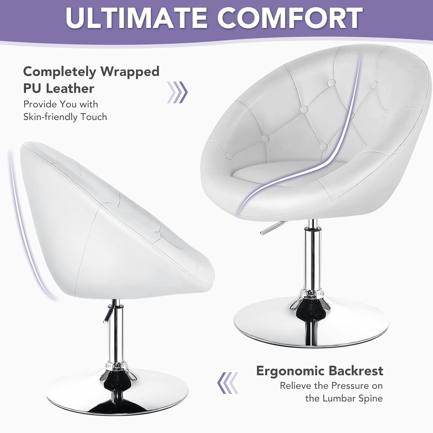 Costway 1PC Adjustable Modern Swivel Round Tufted Back Accent Chair PU Leather White