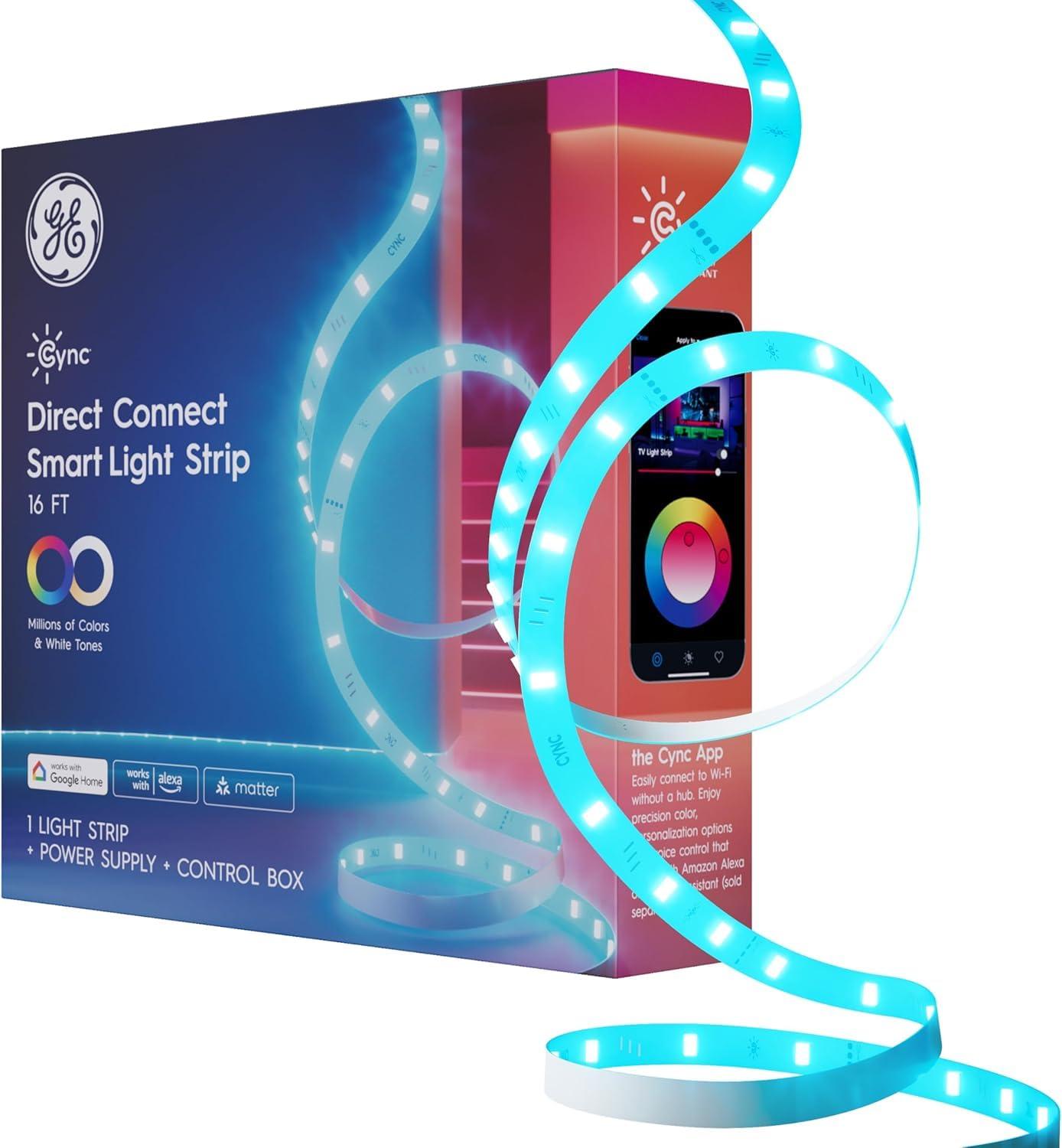 GE GE CYNC Smart LED Full Color Light Strip Power Supply 16': Multicolored Indoor Strip Lights, 1 Million Settings