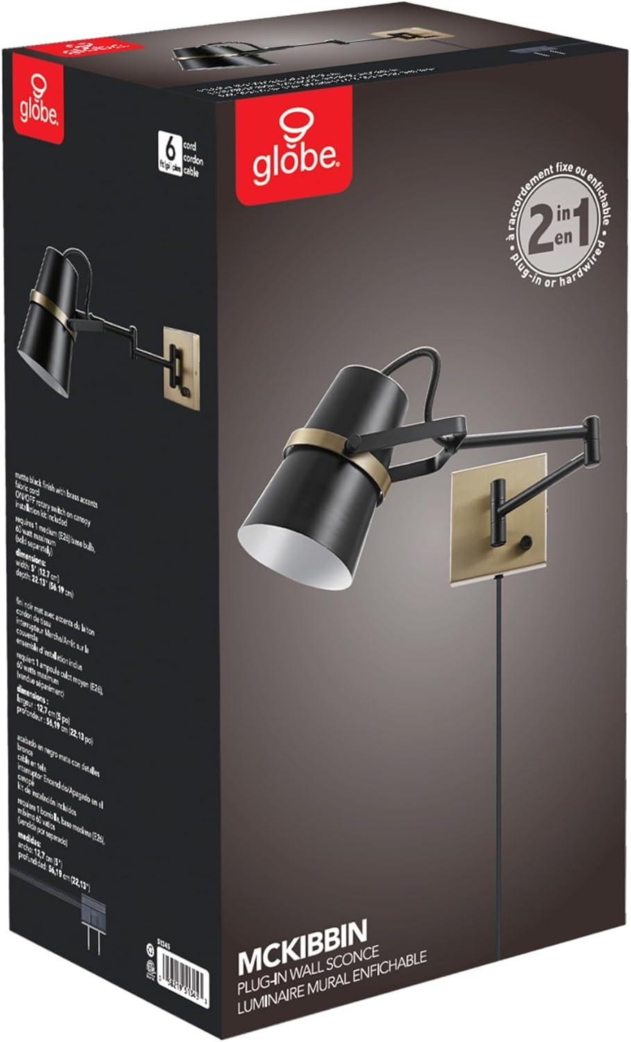 Globe Electric McKibbin 1-Light Matte Black Plug-In or Hardwire Swing Arm Wall Sconce, 51345