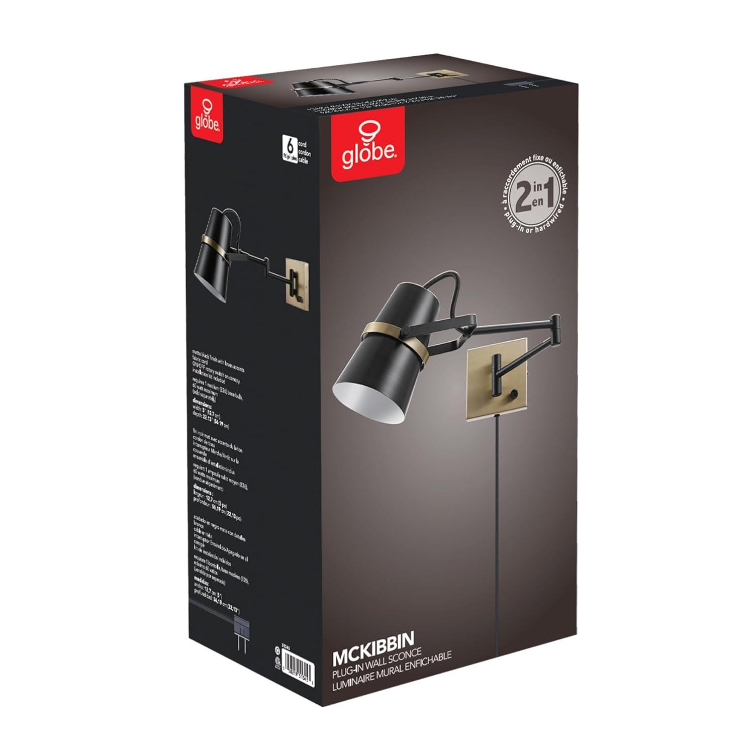 Globe Electric McKibbon 1-Light Swing Arm Wall Sconce, Plug-in or Hardwire, Matte Black, 51345