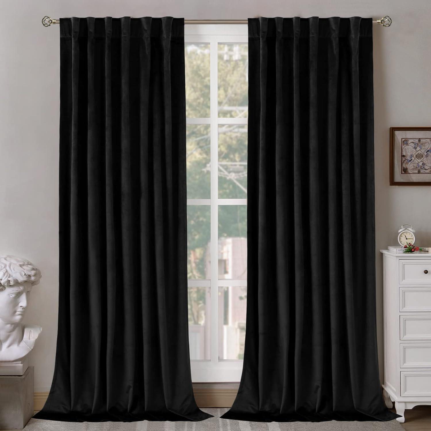 JIUZHEN Black Velvet Curtains for Living Room -96 inches Long Rod Pocket Thermal Insulated Room Darkening Window Drapes for Bedroom, Set of 2 Panels with Tiebacks, 52 x 96 inches