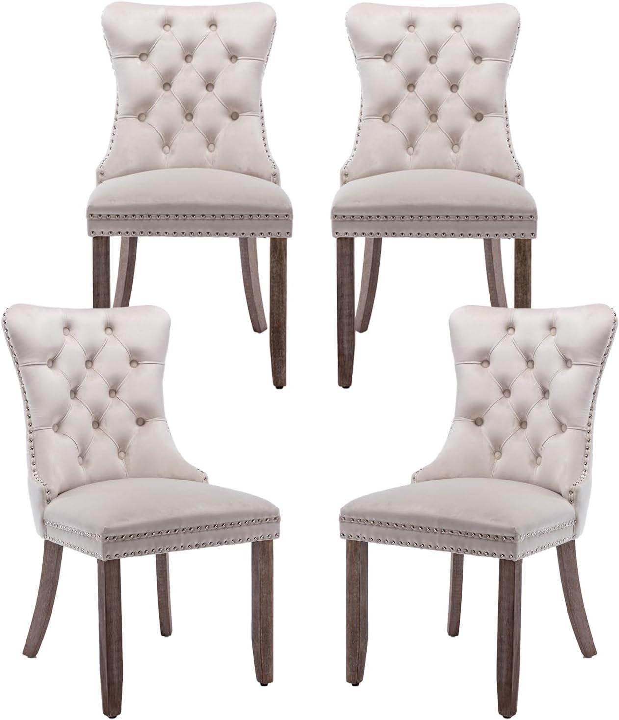 Beige Velvet Dining Chairs Set of 4, Upholstered Dining Room Chairs with Back Ring Pull Trim and Solid Wood Legs, Tufted Wingback Kitchen Chairs for Dining Room,Living Room,Kitchen(Beige)