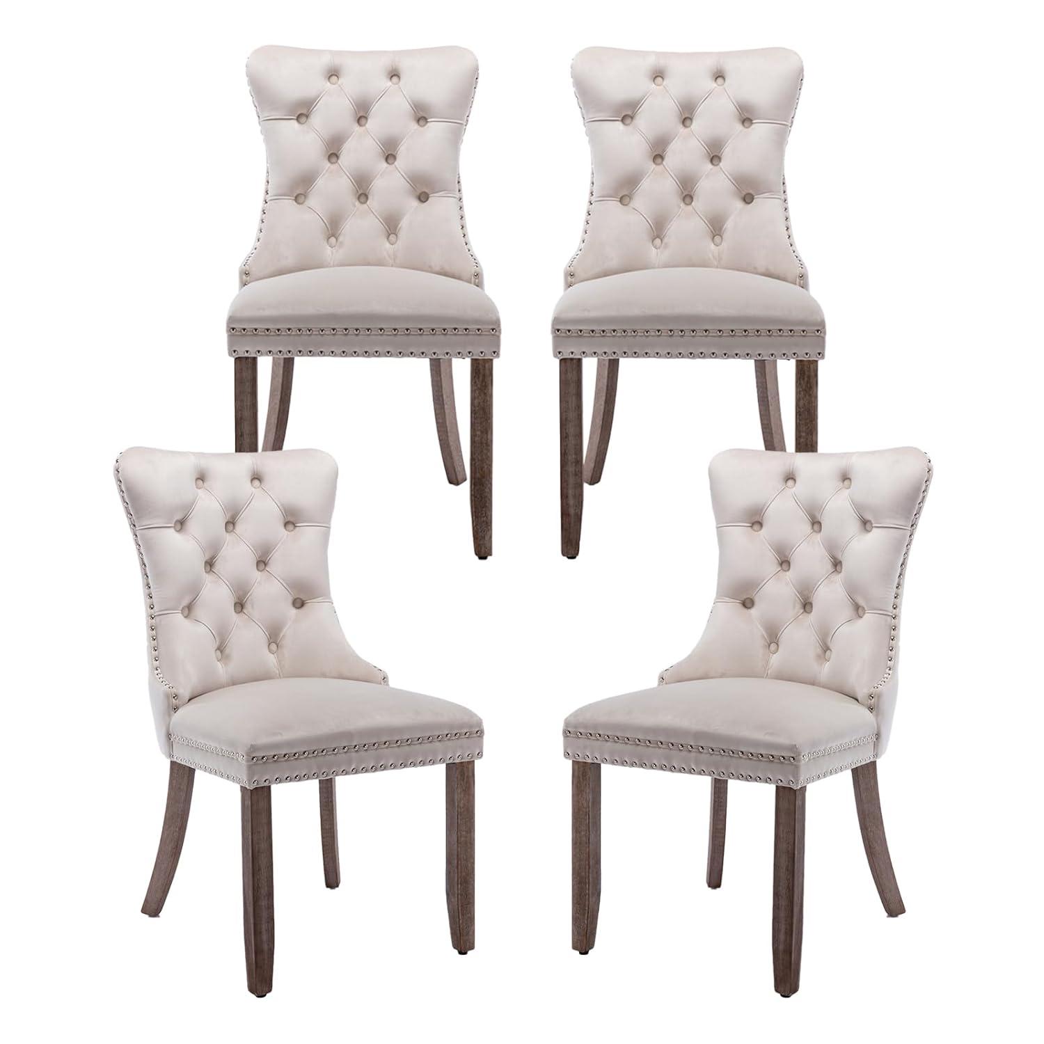 Beige Velvet Dining Chairs Set of 4, Upholstered Dining Room Chairs with Back Ring Pull Trim and Solid Wood Legs, Tufted Wingback Kitchen Chairs for Dining Room,Living Room,Kitchen(Beige)