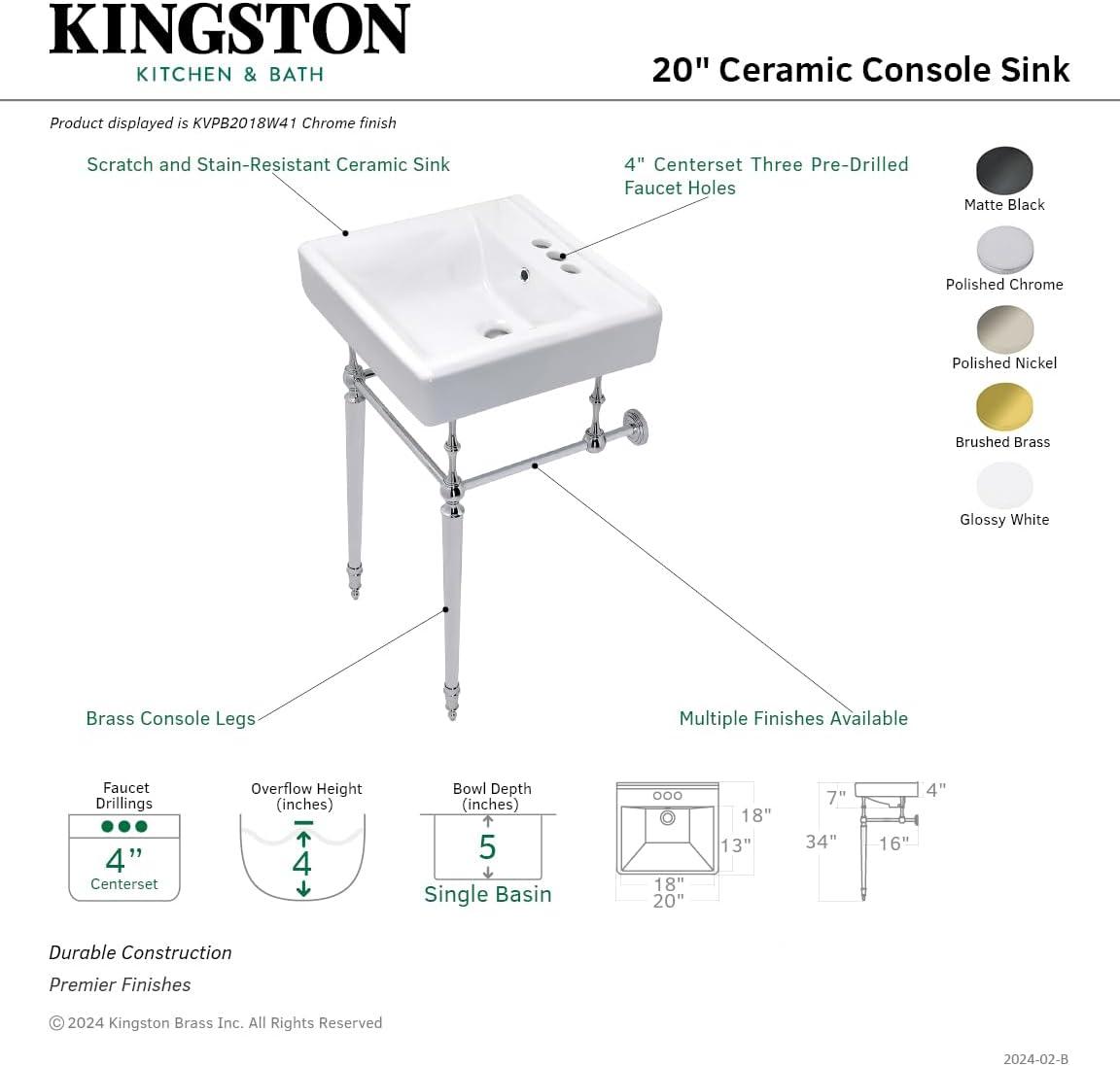 Kingston Brass Edwardian 20-Inch Porcelain Console Sink with Brass Legs (4-Inch, 3-Hole)