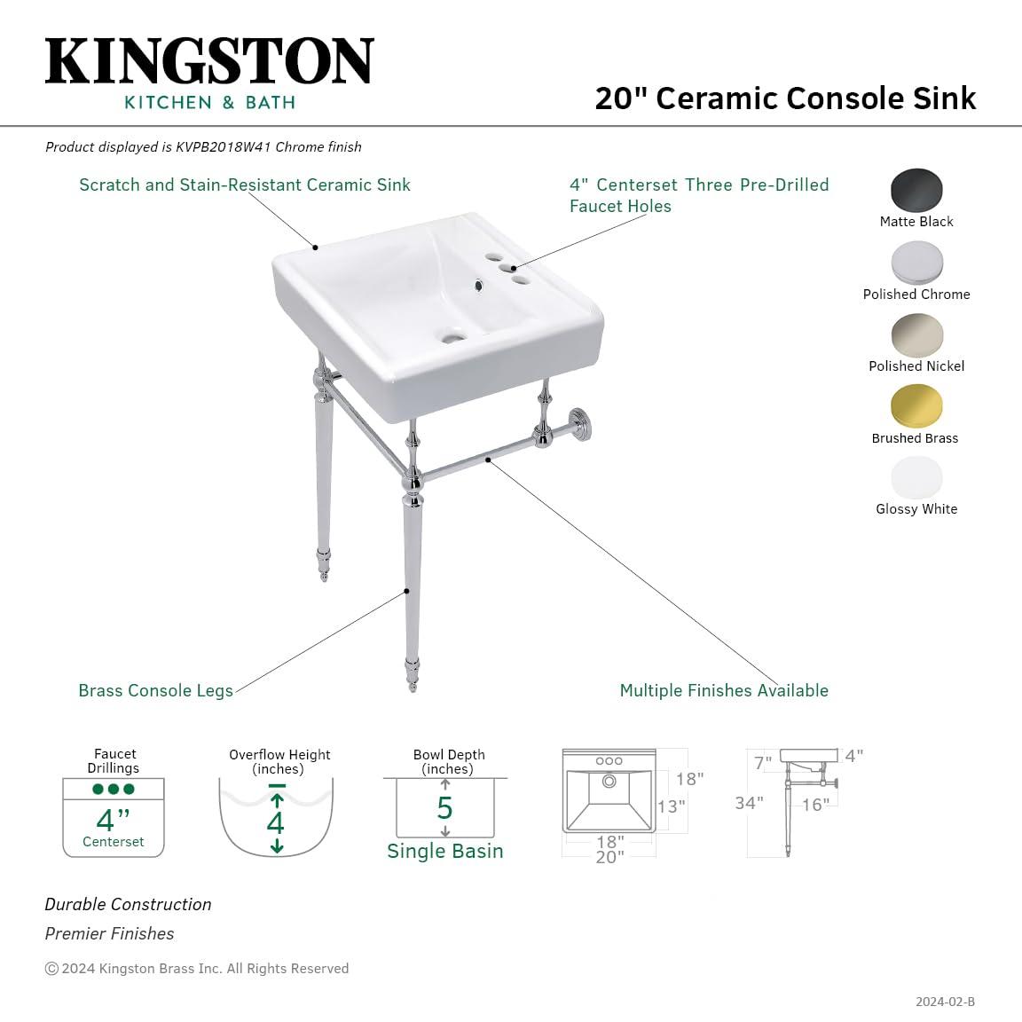 Kingston Brass Edwardian 20-Inch Porcelain Console Sink with Brass Legs (4-Inch, 3-Hole)