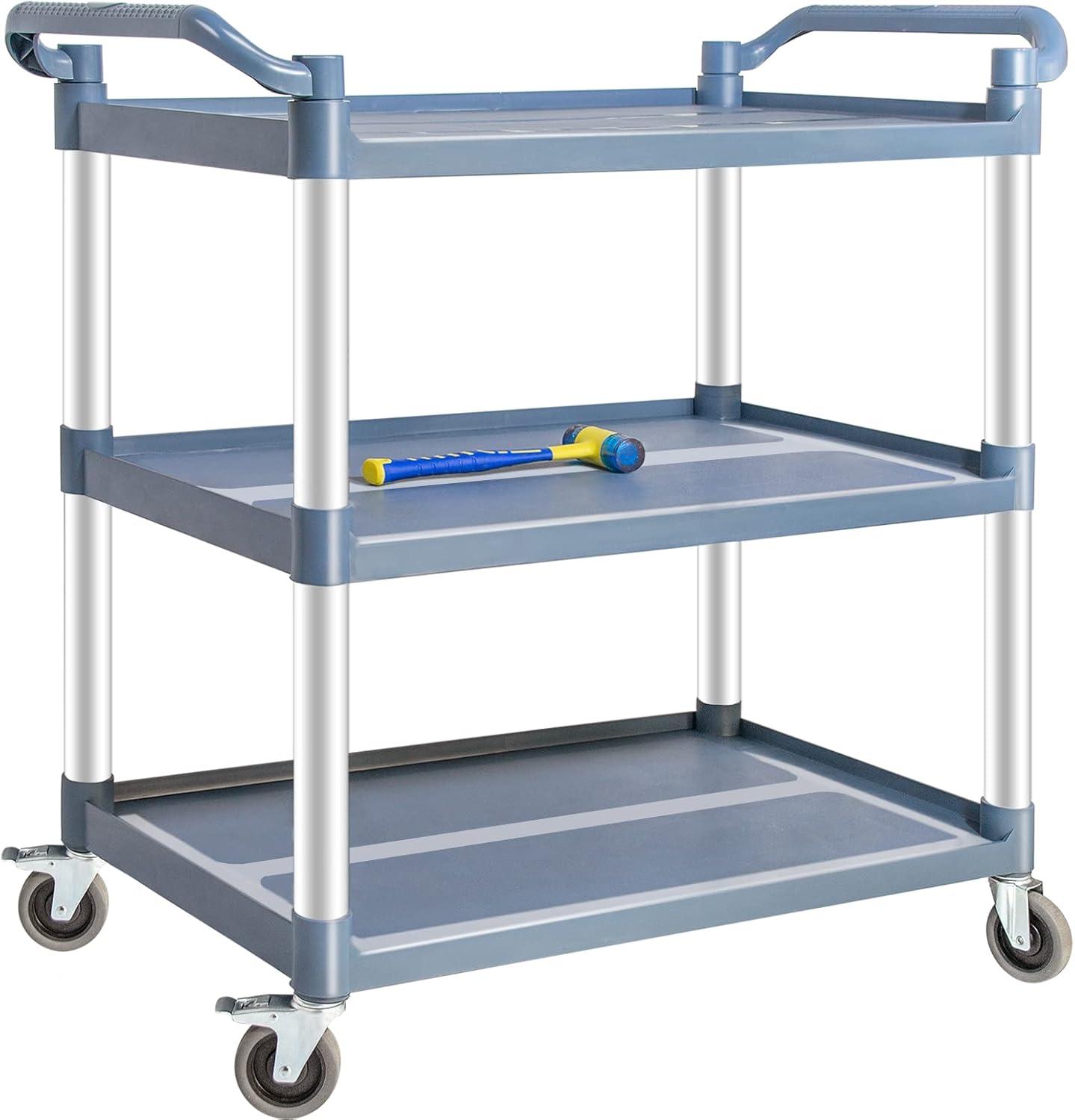 Service Cart Heavy Duty 3-Shelf Rolling Utility/Push Cart with Lockable Wheels, 360 lbs. Capacity, for Foodservice/Restaurant/Cleaning