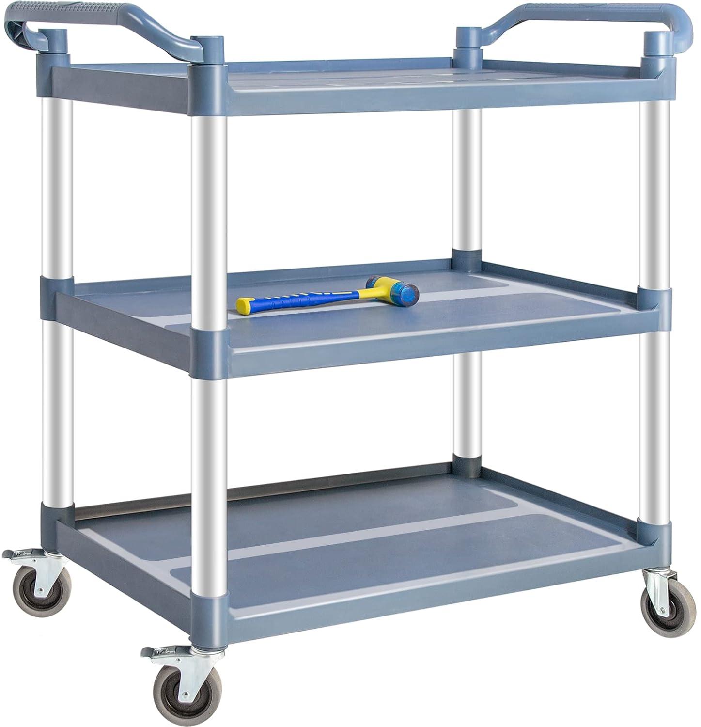 Service Cart Heavy Duty 3-Shelf Rolling Utility/Push Cart with Lockable Wheels, 360 lbs. Capacity, for Foodservice/Restaurant/Cleaning