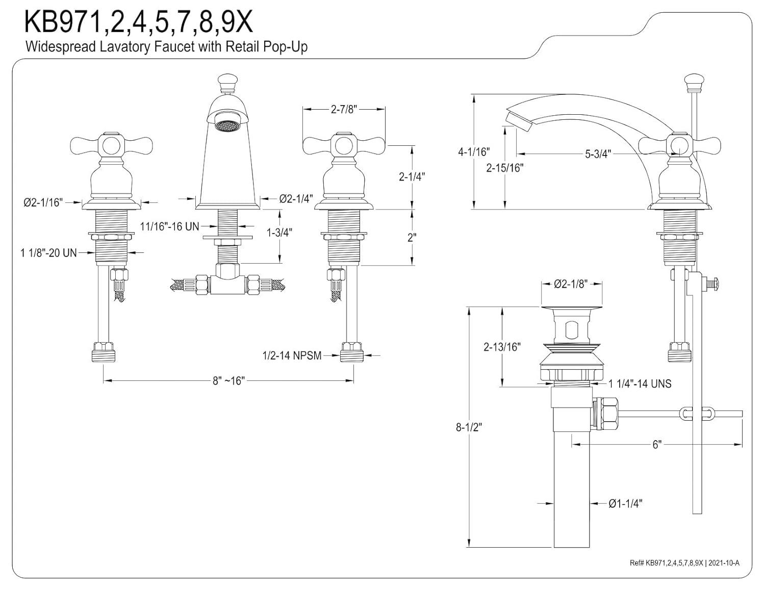 Kingston Brass Victorian Two-Handle 3-Hole Deck Mount Widespread Bathroom Faucet with Retail Pop-Up Drain