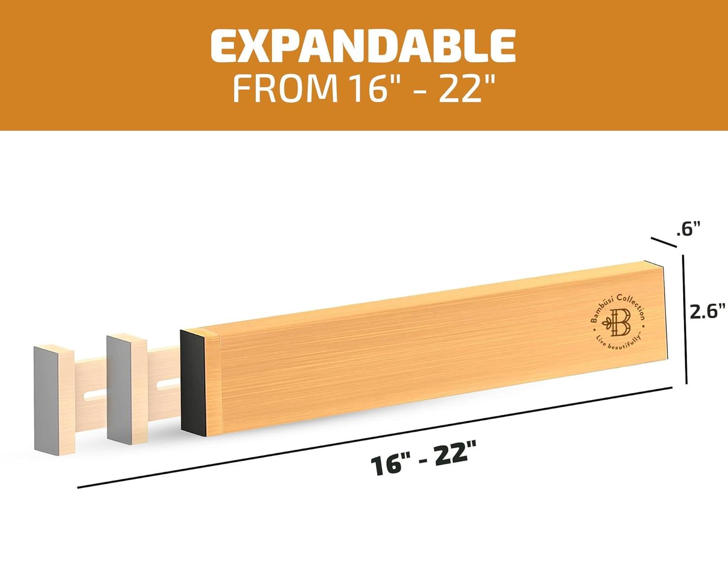 4-Pack Adjustable Bamboo Drawer Dividers – 16" to 22" Expandable Drawer Organizers for Kitchen, Bedroom, Bathroom, or Office - 2.6" Tall