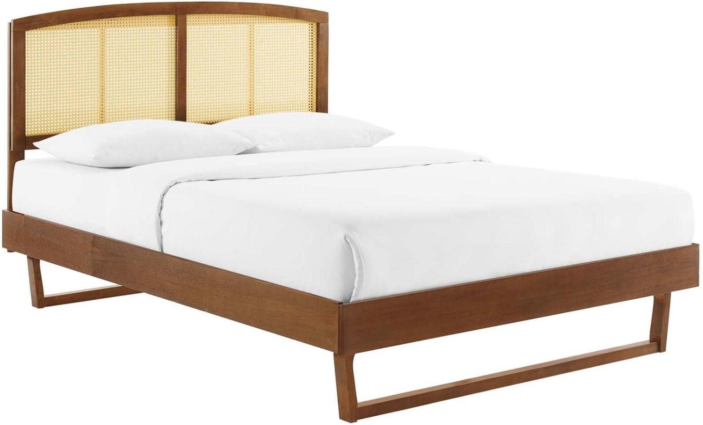 Billie Halcyon Queen Platform Bed with Woven Cane Headboard - Walnut