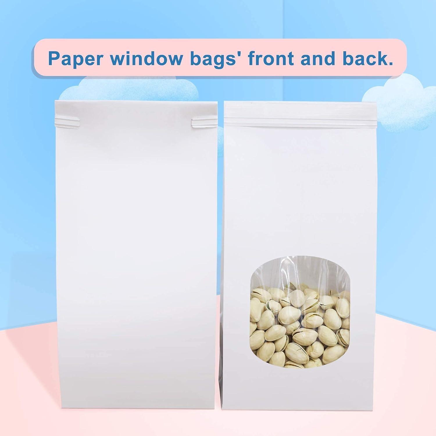 BagDream Bakery Bags with Window 100Pcs 4.5x2.36x9.6 Inches White Kraft Paper Bags with Window, Tin Tie Tab Lock, for Bakrery, Cookie, Coffee Bean, Snack