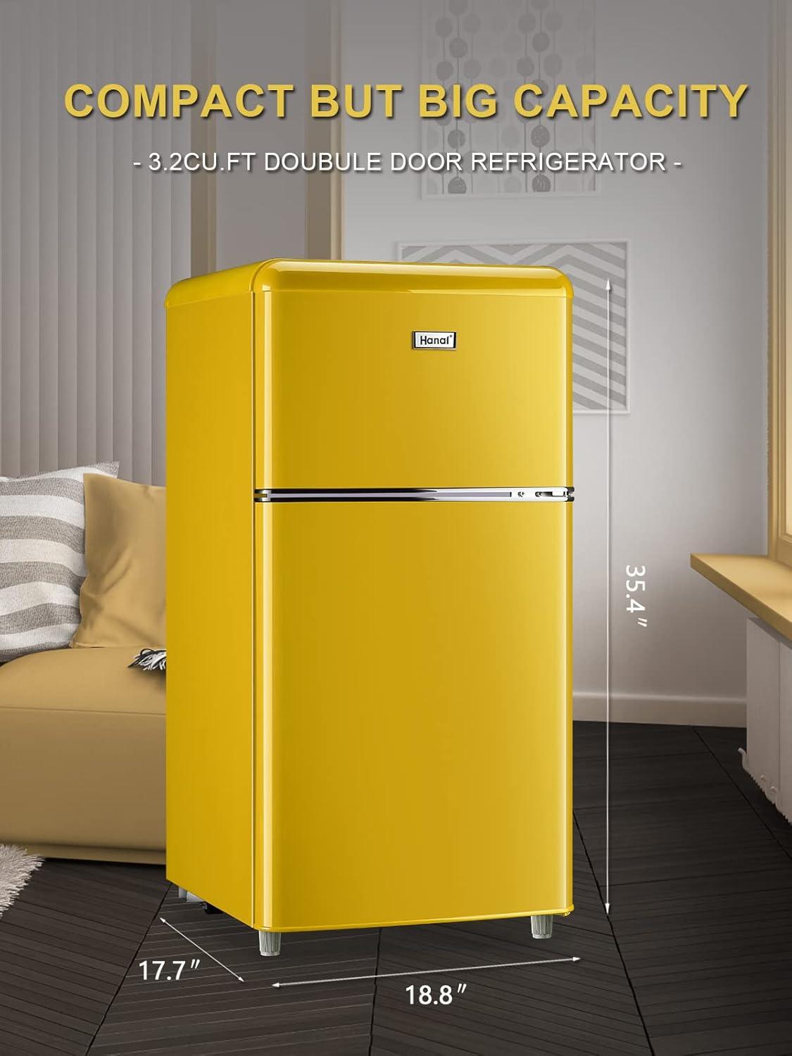 WANAI 3.2.Cu ft Two Door Mini Fridge with Freezer, A retro look,(yellow)