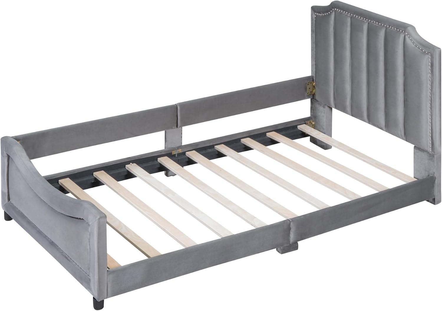 Twin Size Upholstered Bed with Belgrave Headboard, Low Platform Bed Frame with Rails, Kids Velvet Daybed with Slats Support for Girls Boys Teens, Gray
