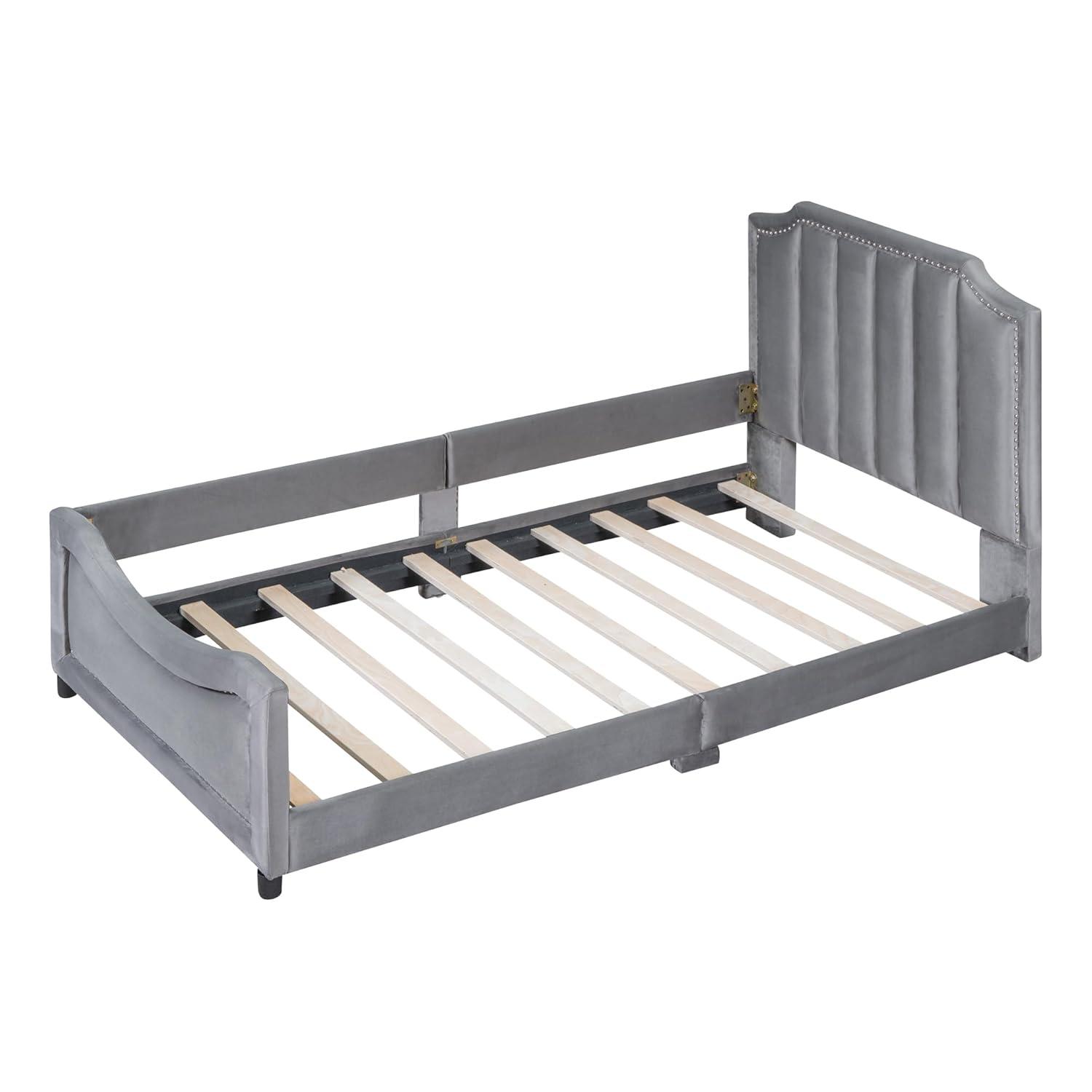 Twin Size Upholstered Bed with Belgrave Headboard, Low Platform Bed Frame with Rails, Kids Velvet Daybed with Slats Support for Girls Boys Teens, Gray