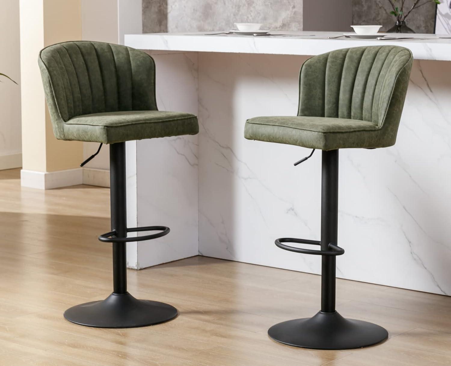 Green Faux Leather Adjustable Swivel Bar Stools with Iron Base, Set of 2