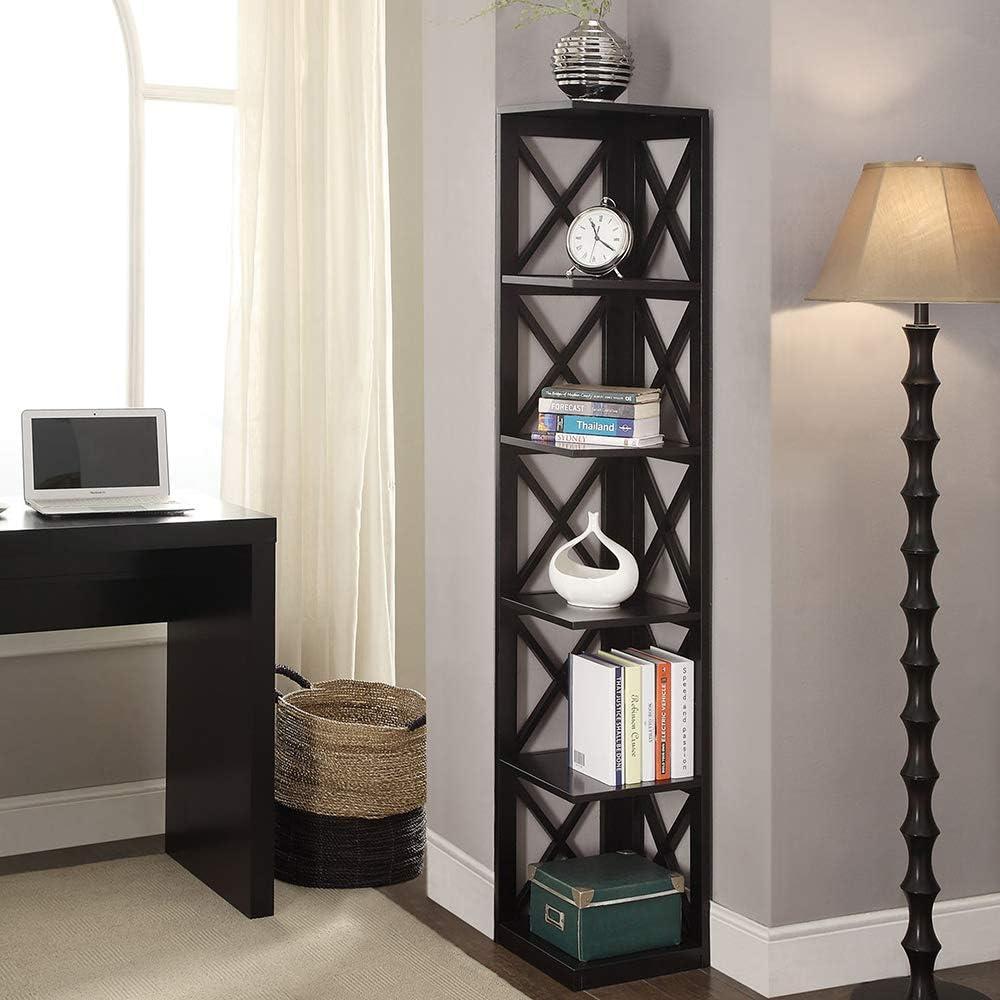 Open Box Convenience Concepts 5 Tier Shelf X Frame Home Corner Bookcase, Black