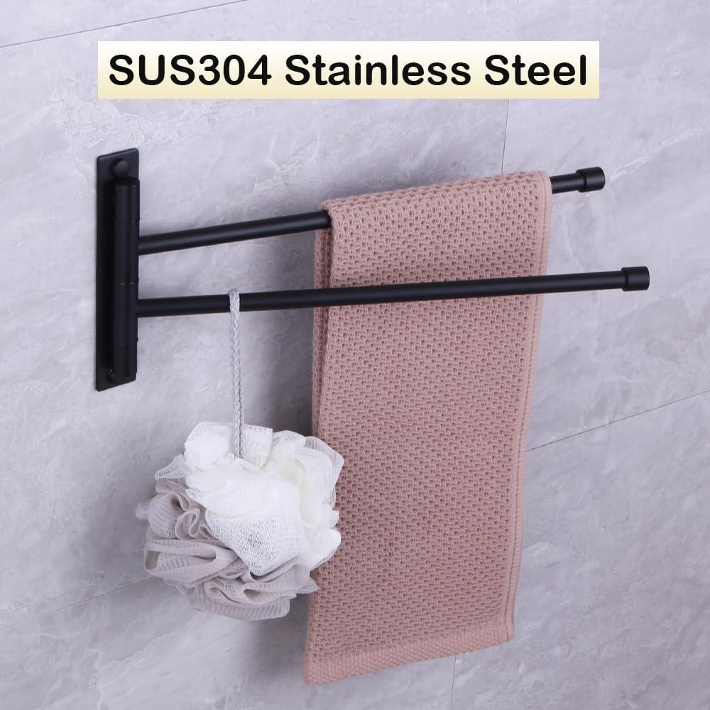 Stainless Steel Swing Out Towel Bar 2-Bar Folding Arm Swivel Hanger Bathroom Storage Organizer Rustproof Wall Mount Brushed Finish