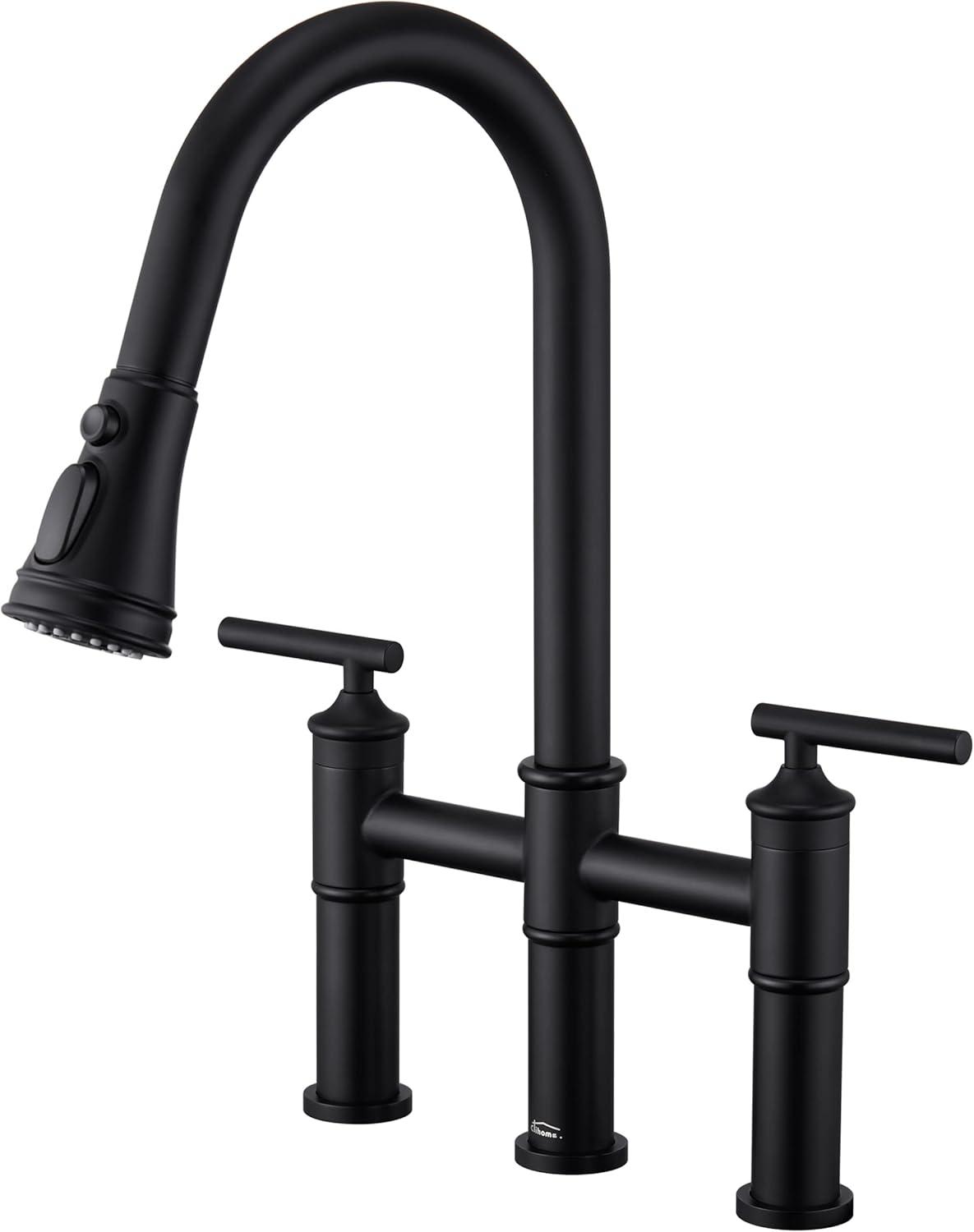 Double Handle Bridge Pull-Down Kitchen Faucet with 3-Spray Patterns and 360 Degrees Rotation Spout in Brushed Nickel