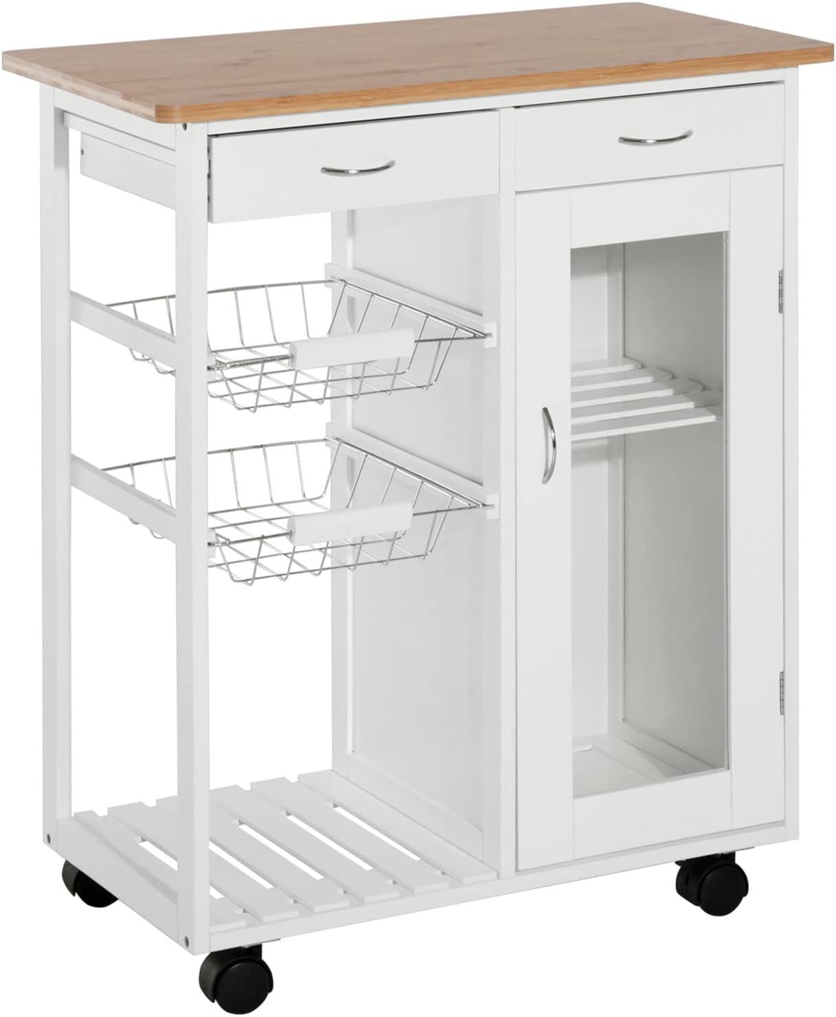 HOMCOM 28†Rolling Kitchen Trolley Serving Cart Storage Cabinet Bamboo Top with Wire Basket & Glass Door & Drawers - White