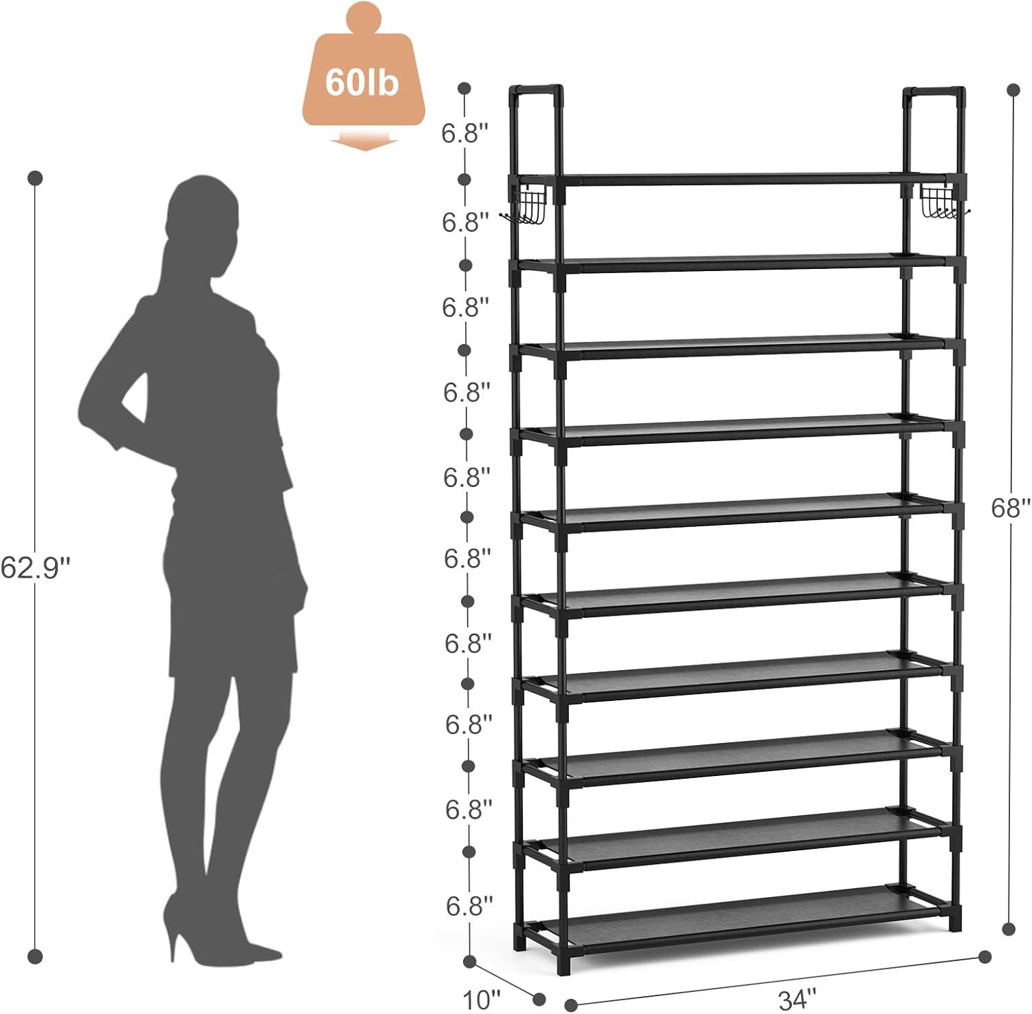 Black 10-Tier Metal and Fabric Shoe Rack with Hooks