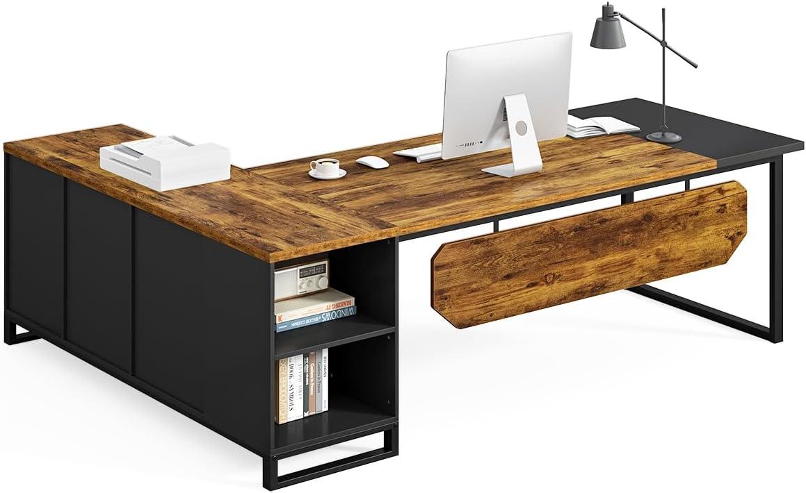 LITTLE TREE 70.8 Inches Executive Desk and 55 Inches File Cabinet Combo, Large L Shaped Computer Desk with Storage Cabinet and Shelves, Modern Business Furniture for Home Office, Rustic Brown & Black