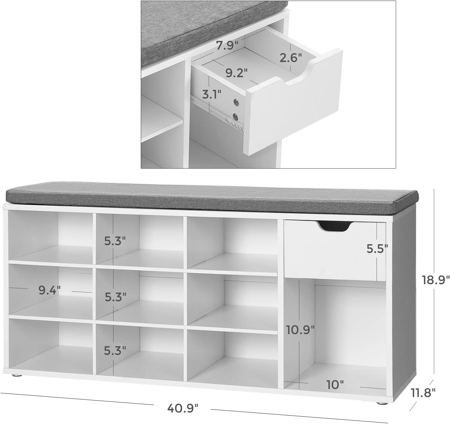 VASAGLE Storage Bench Entryway Bench with Cushion Drawer and Open Compartments Bench with Storage for Living Room White