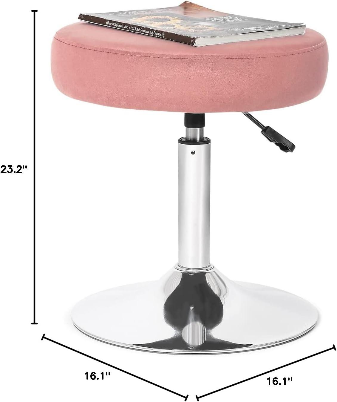 16” Round Adjustable Vanity Stool, Pink Vanity Chair for Makeup Room, Modern Vanity Chair with Velvet Fabric & Metal Base.