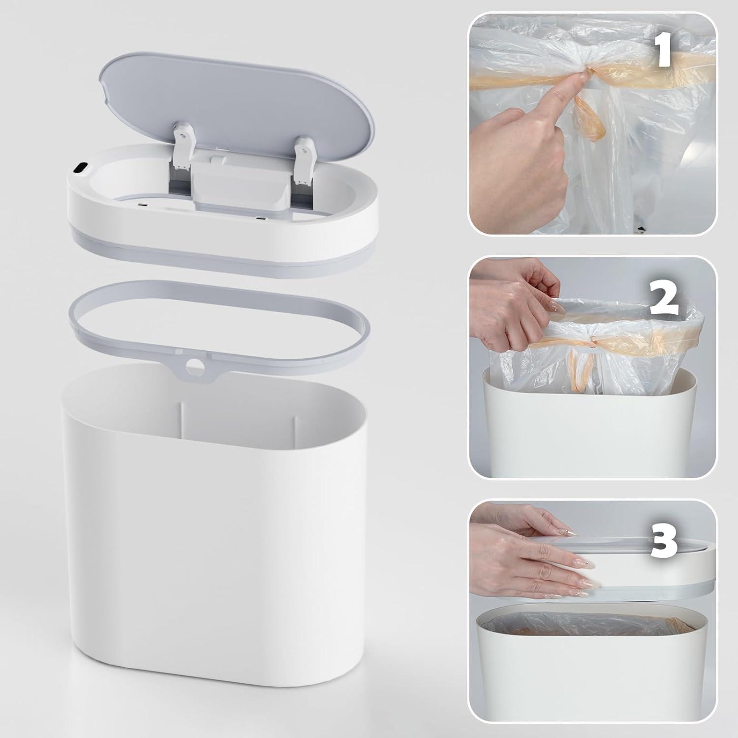 Bathroom Trash Can with Lid 2 Gallon Slim Motion Sensor Garbage Can Narrow Automatic Plastic Trash Bin for Bedroom, Living Room, Toilet, Office (White)