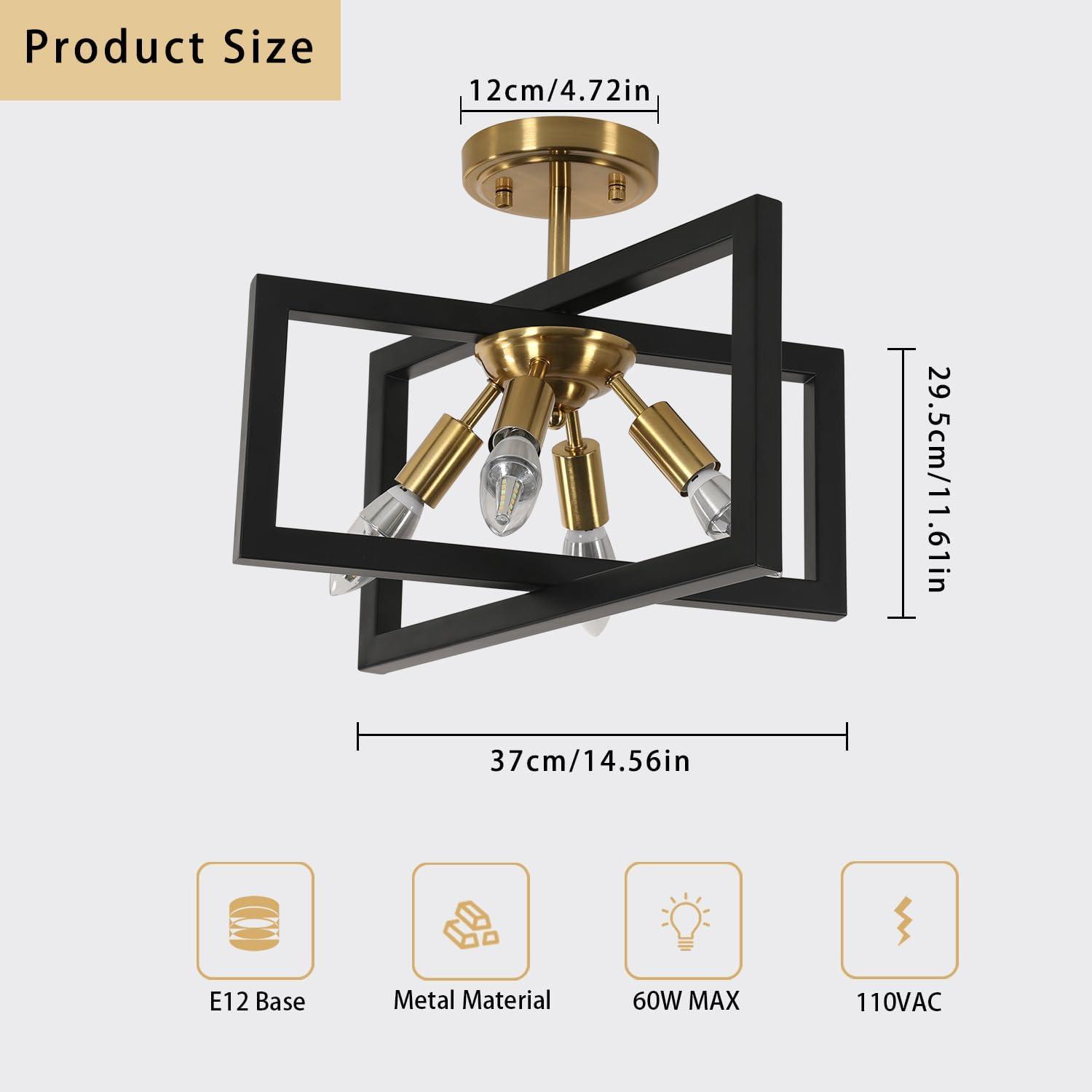 Modern Industrial Semi Flush Mount Ceiling Lighting, Farmhouse Black Gold Close to Ceiling Light Fixture, 4-Light Metal Square Ceiling Light