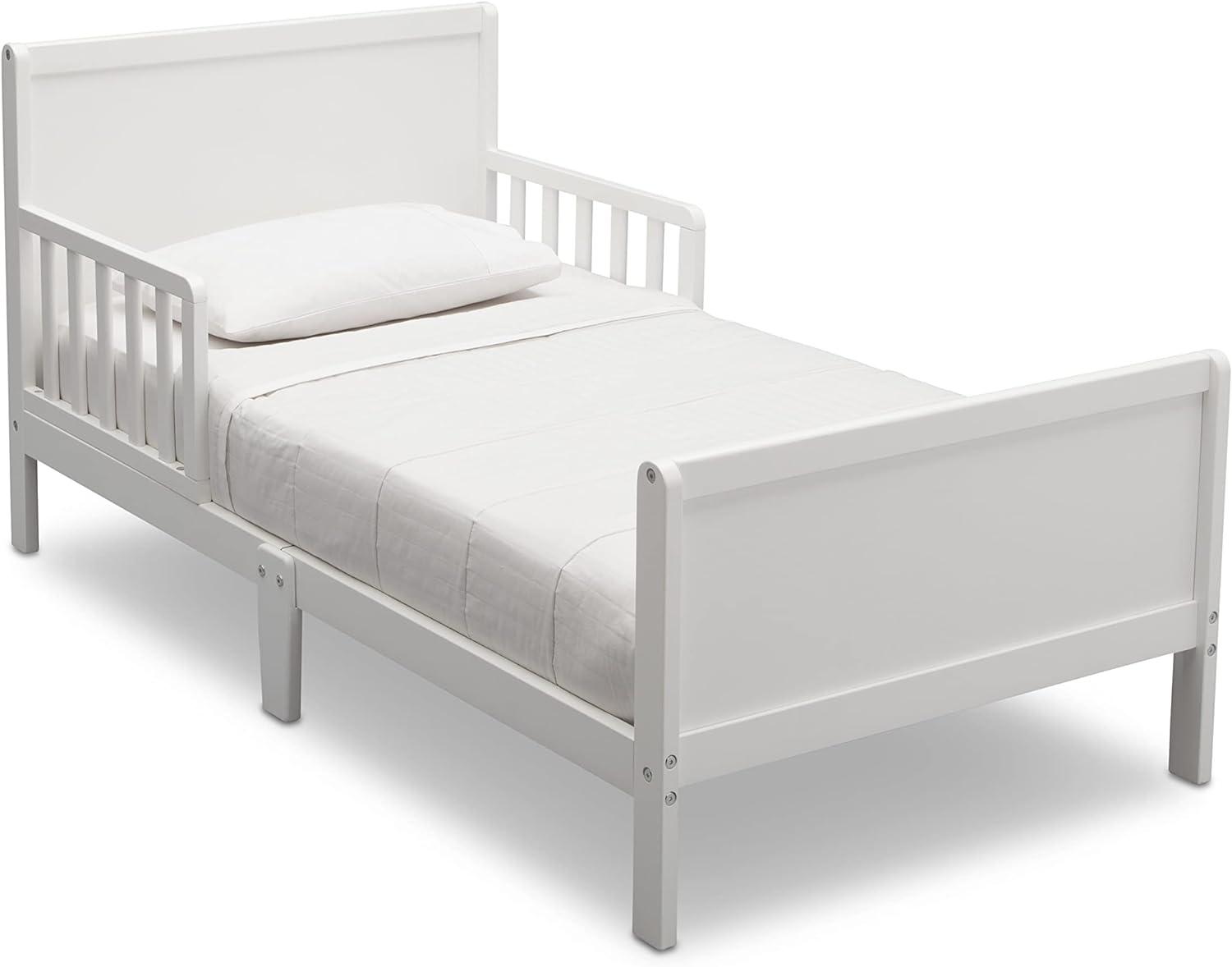 White Wood Toddler Bed with Guardrails and Headboard