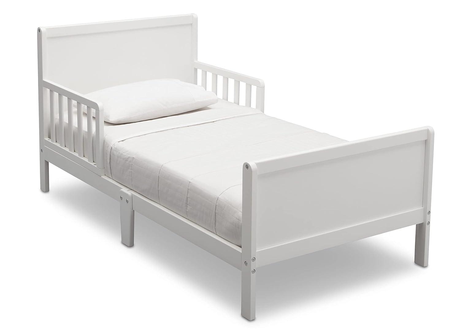 White Wood Toddler Bed with Guardrails and Headboard