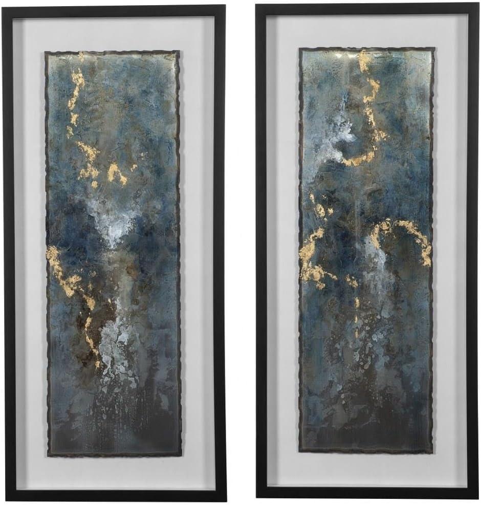 Glimmering Agate Blue and Gold Abstract Wall Art Set