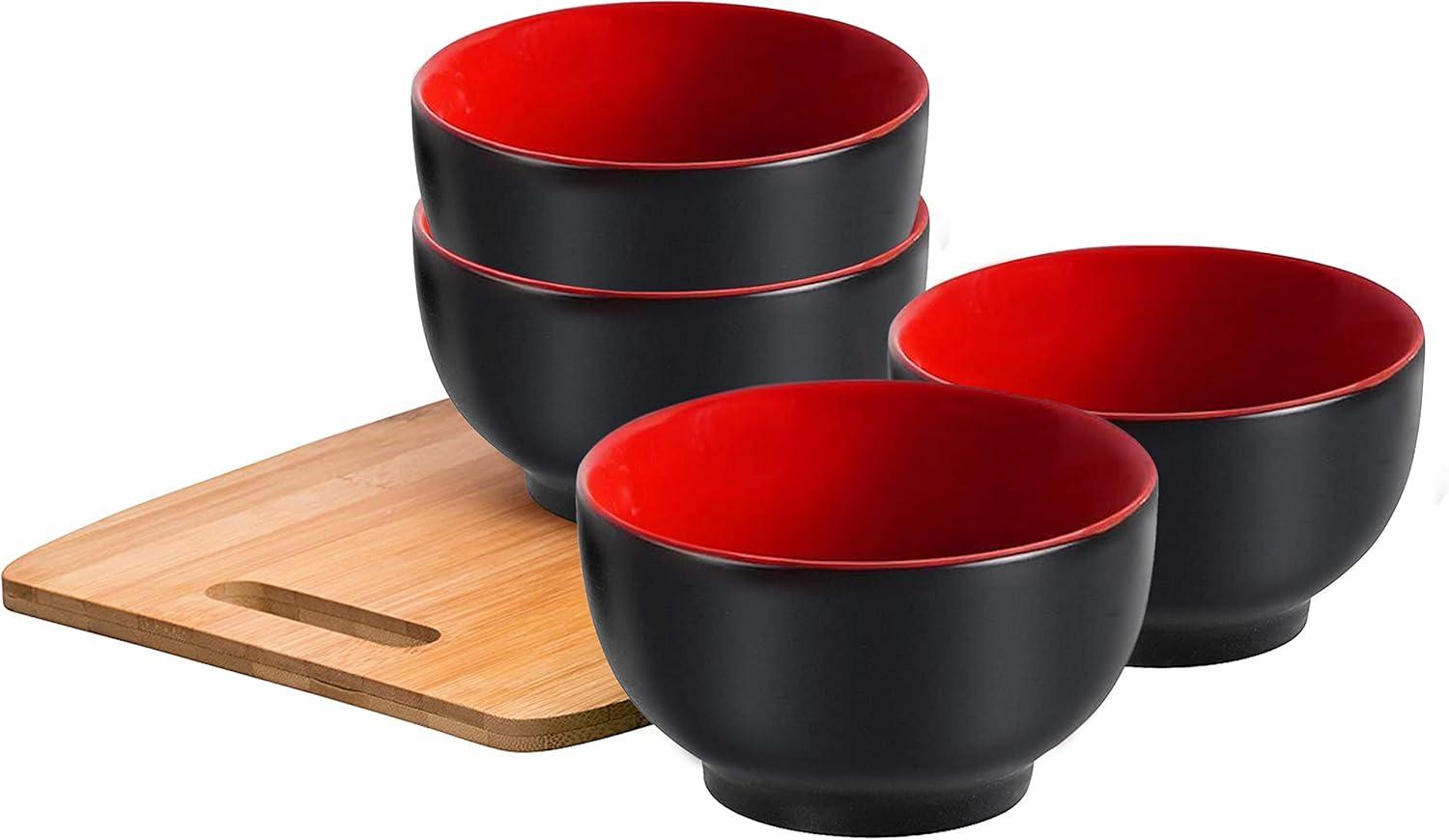 Red and Black Ceramic 20 oz Serving Bowls Set of 4