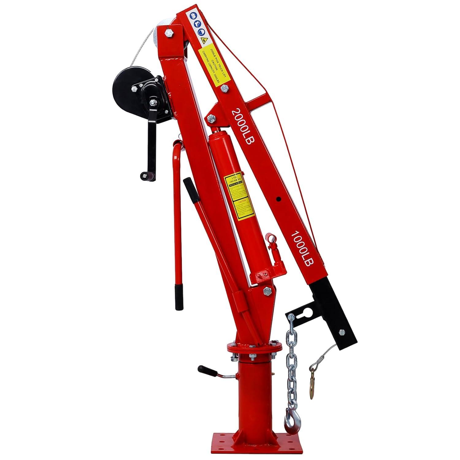 Hydraulic Pickup Truck Crane with Hand Winch , Pickup Truck Bed Hoist Jib Crane- 2000-Lb. Capacity Red