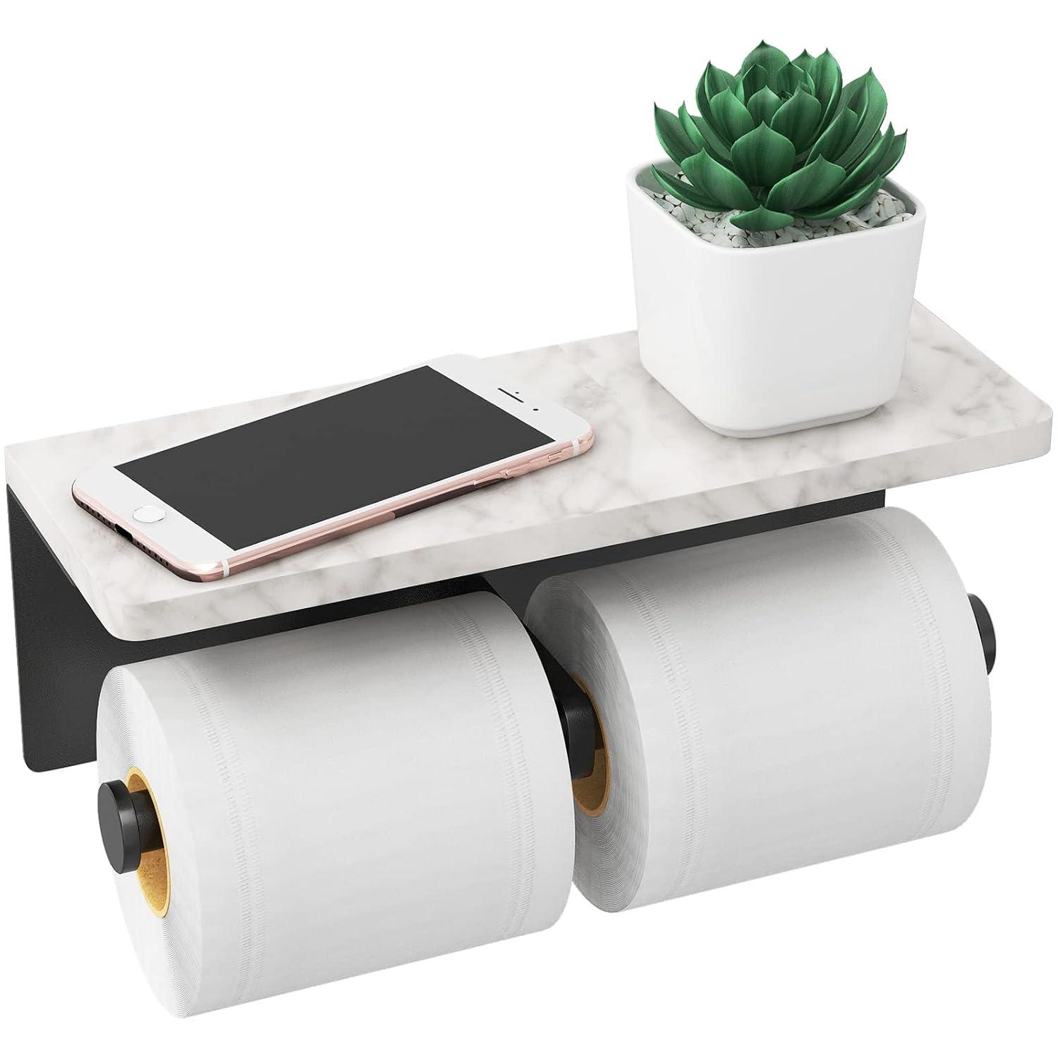 Black Matte Double Toilet Paper Holder with Marble Shelf