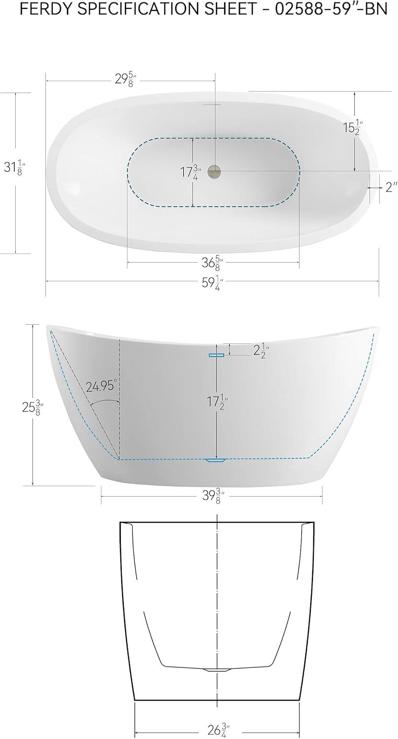 Naha 59" White Acrylic Freestanding Soaking Bathtub with Brushed Nickel Drain